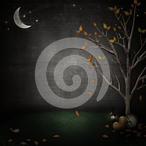 Grunge background with cute night time scene