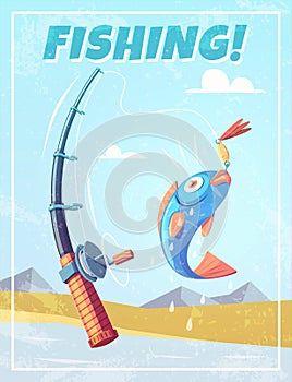 Grunge background with fishing rod and fish