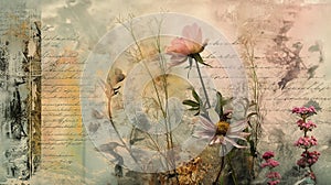 Grunge background with flowers and watercolor textured old paper.