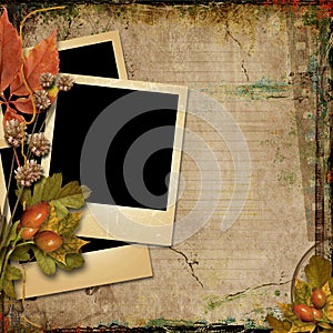 Grunge background with old postcards and autumn leaves