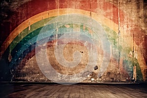 Grunge background with rainbow and wooden floor, vintage style. Generative AI