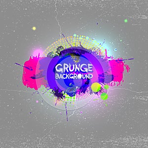 Grunge background with splashes and halftone elements. Vector illustration. Isolated on gray background. Freehand drawing.