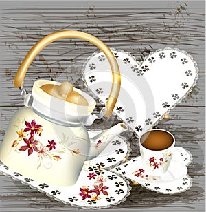 Grunge background with teapot sweets and cup of tea on a wooden