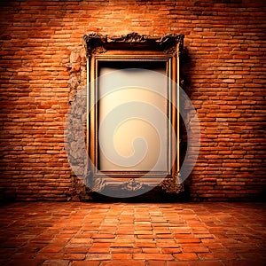 Grunge background with the texture of old brick wall with an empty carved frame from a mirror or painting, creating space for text