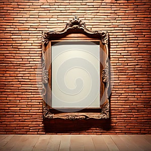 Grunge background with the texture of old brick wall with an empty carved frame from a mirror or painting, creating space for text