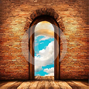 Grunge background with the texture of old brick wall with an an open arch. In the opning you can see the blue sky and clouds