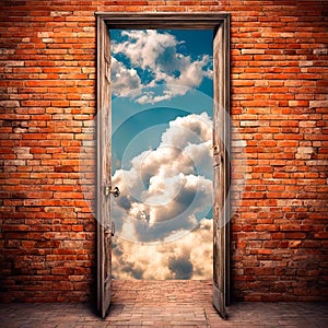 Grunge background with the texture of old brick wall with an an open door. In the doorway you can see the blue sky and clouds