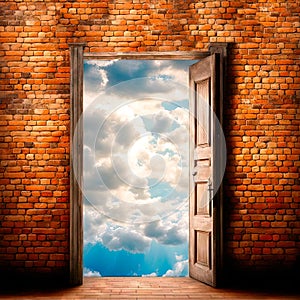 Grunge background with the texture of old brick wall with an an open door. In the doorway you can see the blue sky and clouds