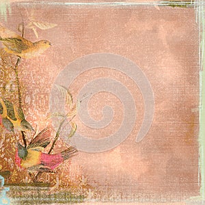 Grunge Background Worn Look Peach and Birds Bohemian Art Deco