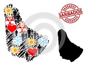 Grunge Barbados Badge and Heart People Syringe Collage Map of Barbados