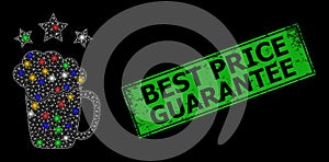 Grunge Best Price Guarantee Badge with Network Beer Mug Rating Glare Icon with Colorful Flares