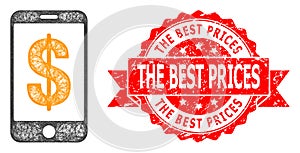 Grunge The Best Prices Stamp and Hatched Mobile Dollar Bank Icon