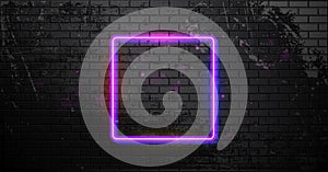 Grunge black brick wall with neon square frame. Neon lamp frame. Night club electric sign. illustration.