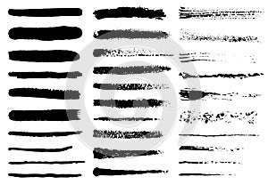 Grunge black rough brush strokes set. Set of black paint, ink brush strokes and lines. Abstract brush rough black photo