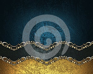 Grunge blue background with a black ribbon with gold pattern. Element for design. Template for design. copy space for ad brochure