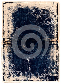 Grunge blue book page with scrolls