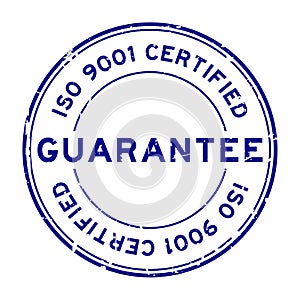 Grunge blue iso 9001 certified guarantee word round rubber stamp on white background
