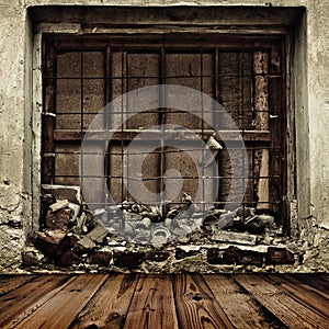 Grunge boarded up window and wooden floor