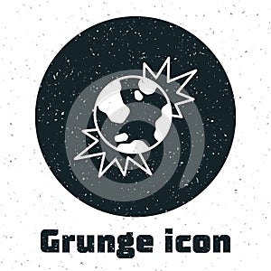 Grunge Bomb explosive planet earth war danger icon isolated on white background. Monochrome vintage drawing. Vector