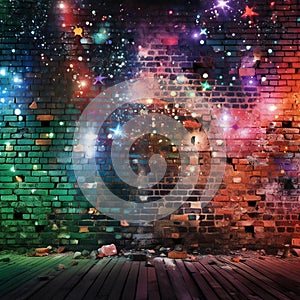 Grunge brick wall background with colorful lights,