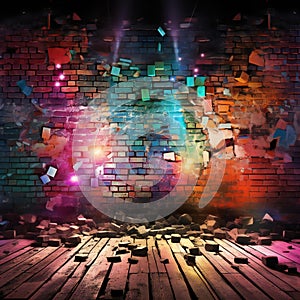 Grunge brick wall background with colorful lights