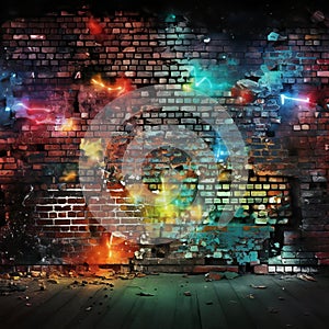 Grunge brick wall with colorful lights and smoke,