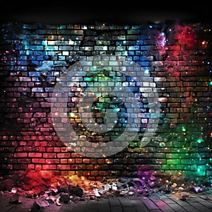 Grunge brick wall with colorful lights and smoke, abstract background