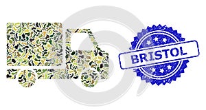 Grunge Bristol Stamp and Military Camouflage Collage of Delivery Car