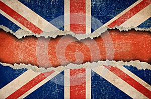 Grunge British flag on ripped or torn paper