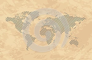 Grunge brown background with striped world map - vector