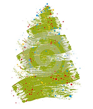 Grunge brush drawing of Christmas tree. Beautiful doodle spruce with color paint blots. Vector illustration