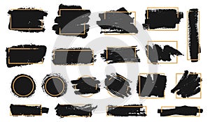 Grunge brush frames. Black paint stroke with golden border, ink brush texture frame. Abstract textured background for