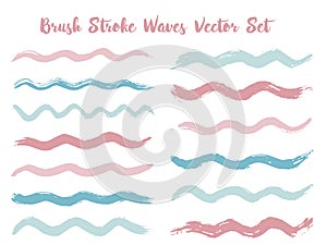 Grunge brush stroke waves vector set. Hand drawn blue pink brushstrokes, ink splashes, watercolor splats, hand painted curls.