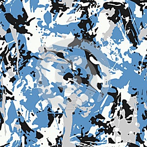 Grunge brush strokes camouflage. Paint camo military pattern. Blue sea shade color, fashionable, fabric. Vector seamless texture.