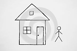 Grunge Brush Strokes House with a man. Contour design, black on white background