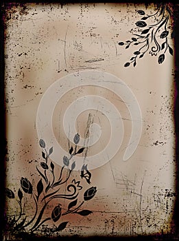 Grunge burned floral background with butterflies