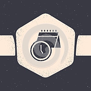 Grunge Calendar and clock icon isolated on grey background. Schedule, appointment, organizer, timesheet, time management