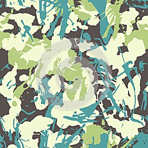 Grunge camouflage seamless pattern. Masking camo, repeat print texture with strokes and splashes shape. Vector photo