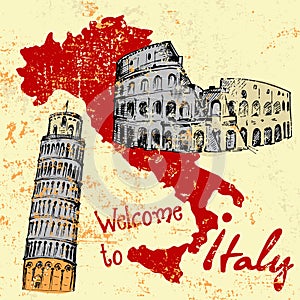 Grunge card with Italy map and some attractions