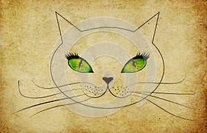 Grunge cat face with green eyes