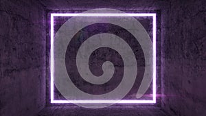 Grunge cement background with purple neon light frame, 3d rendering