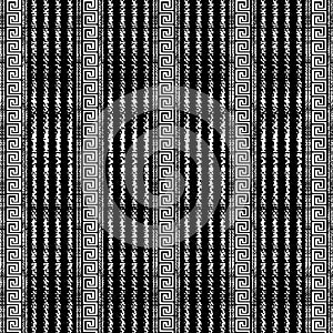 Grunge chalk striped black and white greek vector seamless borders pattern. Monochrome ornamental geometric stripes background.