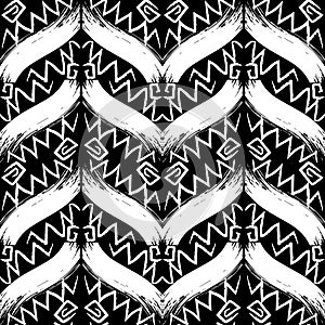Grunge chalk zigzag seamless pattern. Vector zig zag greek style background. Chevron repeat black and white geometric backdrop.