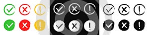 Grunge check mark, cross and exclamation. Red, green, black and white icons isolated on background. X, V and exclamation mark for