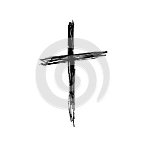 Grunge Christian Church cross. Hand drawn Catholic cross. Sketch black religious crucifix symbol. Vector illustration