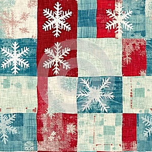 Grunge Christmas snowflake red blue white cottage style background pattern. Festive distress cloth effect for cozy