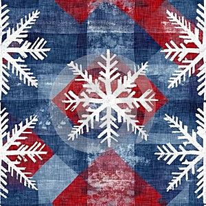 Grunge Christmas snowflake red blue white cottage style background pattern. Festive distress cloth effect for cozy