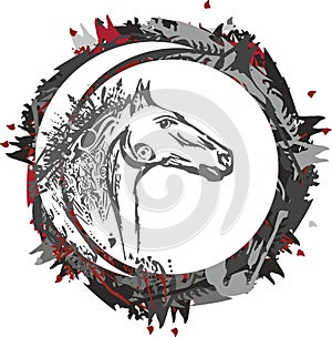 Grunge circle frame with gray horse head inside on white