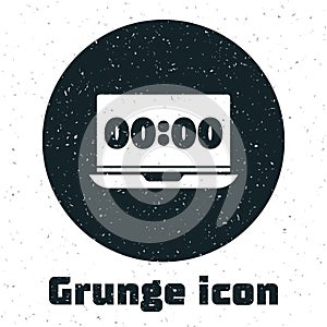 Grunge Clock on laptop screen icon isolated on white background. Schedule concepts. Monochrome vintage drawing. Vector