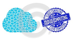 Grunge Cloud Computing Round Seal Stamp and Fractal Cloud Icon Mosaic